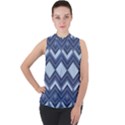 Textile Texture Fabric Zigzag Blue Mock Neck Chiffon Sleeveless Top View1