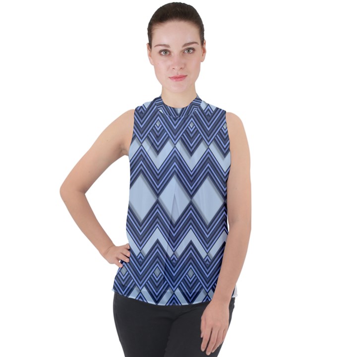 Textile Texture Fabric Zigzag Blue Mock Neck Chiffon Sleeveless Top