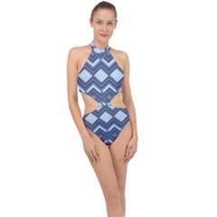 Textile Texture Fabric Zigzag Blue Halter Side Cut Swimsuit