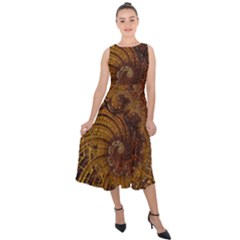 Copper Caramel Swirls Abstract Art Midi Tie-back Chiffon Dress by Pakrebo