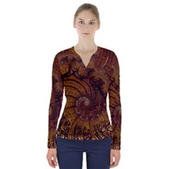 Copper Caramel Swirls Abstract Art V-neck Long Sleeve Top by Pakrebo