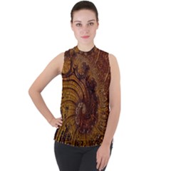 Copper Caramel Swirls Abstract Art Mock Neck Chiffon Sleeveless Top