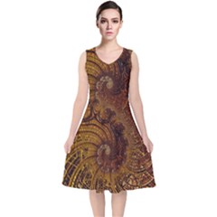 Copper Caramel Swirls Abstract Art V-neck Midi Sleeveless Dress  by Pakrebo