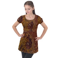 Copper Caramel Swirls Abstract Art Puff Sleeve Tunic Top