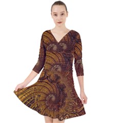 Copper Caramel Swirls Abstract Art Quarter Sleeve Front Wrap Dress by Pakrebo