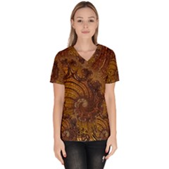 Copper Caramel Swirls Abstract Art Women s V-neck Scrub Top by Pakrebo