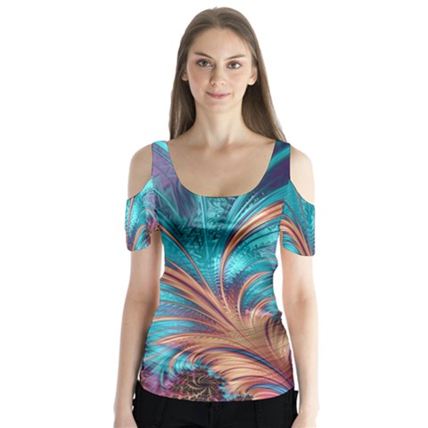 Feather Fractal Artistic Design Butterfly Sleeve Cutout Tee  by Pakrebo