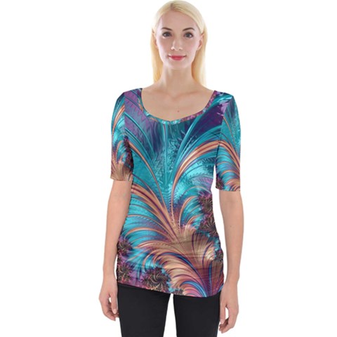 Feather Fractal Artistic Design Wide Neckline Tee by Pakrebo