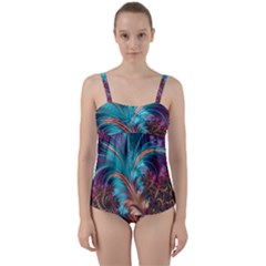 Feather Fractal Artistic Design Twist Front Tankini Set by Pakrebo