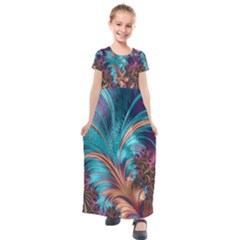 Feather Fractal Artistic Design Kids  Short Sleeve Maxi Dress by Pakrebo