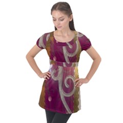 Purple Flower With Shine Puff Sleeve Tunic Top