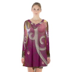 Purple Flower With Shine Long Sleeve Velvet V-neck Dress