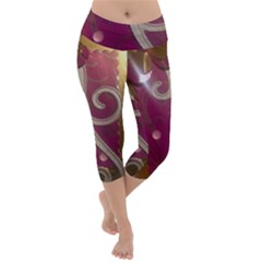 Purple Flower With Shine Lightweight Velour Capri Yoga Leggings by DeneWestUK