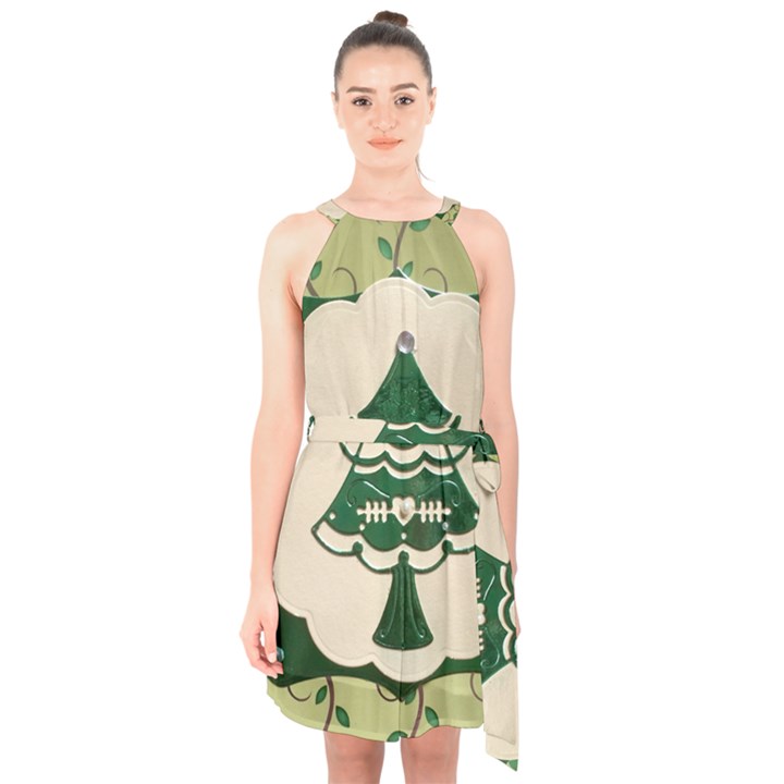 Oh Christmas Tree Halter Collar Waist Tie Chiffon Dress