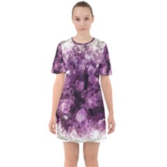 Amethyst Purple Violet Geode Slice Sixties Short Sleeve Mini Dress by genx