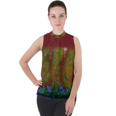 Trees Mock Neck Chiffon Sleeveless Top