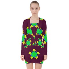 Pattern Star Vector Multi Color V-neck Bodycon Long Sleeve Dress