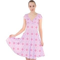 Traditional Patterns Pink Octagon Cap Sleeve Front Wrap Midi Dress