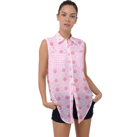 Traditional Patterns Pink Octagon Sleeveless Chiffon Button Shirt by Pakrebo