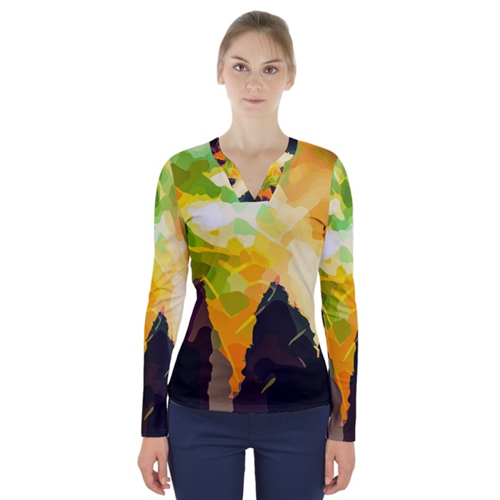 Forest Trees Nature Wood Green V-Neck Long Sleeve Top