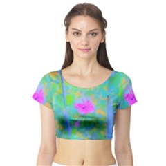 Pink Rose Of Sharon Impressionistic Blue Landscape Garden Short Sleeve Crop Top