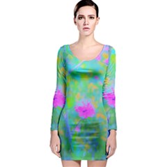 Pink Rose Of Sharon Impressionistic Blue Landscape Garden Long Sleeve Bodycon Dress