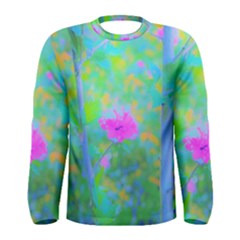 Pink Rose Of Sharon Impressionistic Blue Landscape Garden Men s Long Sleeve Tee by myrubiogarden