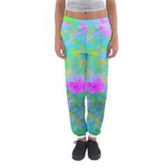 Pink Rose Of Sharon Impressionistic Blue Landscape Garden Women s Jogger Sweatpants by myrubiogarden