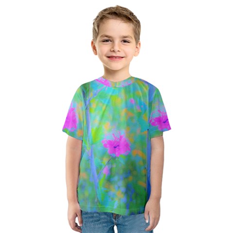 Pink Rose Of Sharon Impressionistic Blue Landscape Garden Kids  Sport Mesh Tee by myrubiogarden