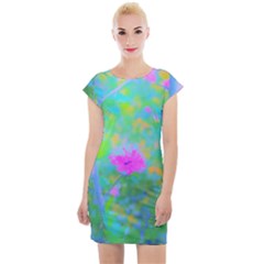 Pink Rose Of Sharon Impressionistic Blue Landscape Garden Cap Sleeve Bodycon Dress