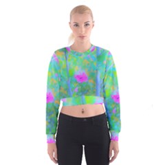 Pink Rose Of Sharon Impressionistic Blue Landscape Garden Cropped Sweatshirt