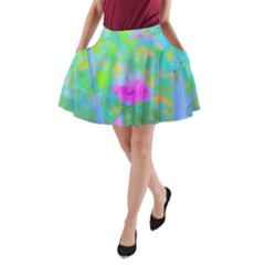 Pink Rose Of Sharon Impressionistic Blue Landscape Garden A-line Pocket Skirt by myrubiogarden