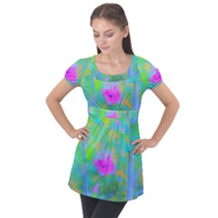 Pink Rose Of Sharon Impressionistic Blue Landscape Garden Puff Sleeve Tunic Top