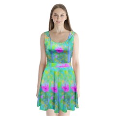 Pink Rose Of Sharon Impressionistic Blue Landscape Garden Split Back Mini Dress  by myrubiogarden