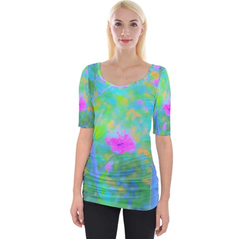 Pink Rose Of Sharon Impressionistic Blue Landscape Garden Wide Neckline Tee by myrubiogarden