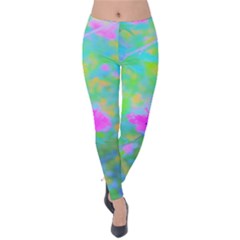 Pink Rose Of Sharon Impressionistic Blue Landscape Garden Velvet Leggings