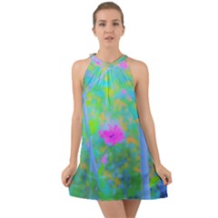 Pink Rose Of Sharon Impressionistic Blue Landscape Garden Halter Tie Back Chiffon Dress by myrubiogarden