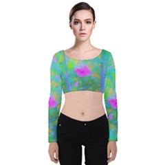 Pink Rose Of Sharon Impressionistic Blue Landscape Garden Velvet Long Sleeve Crop Top by myrubiogarden