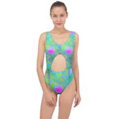 Pink Rose Of Sharon Impressionistic Blue Landscape Garden Center Cut Out Swimsuit by myrubiogarden