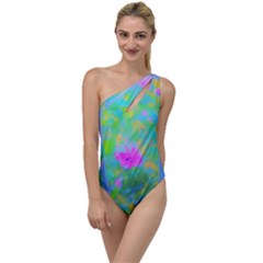 Pink Rose Of Sharon Impressionistic Blue Landscape Garden To One Side Swimsuit by myrubiogarden