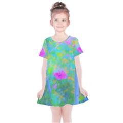 Pink Rose Of Sharon Impressionistic Blue Landscape Garden Kids  Simple Cotton Dress by myrubiogarden