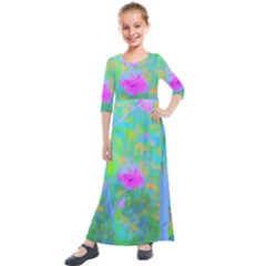 Pink Rose Of Sharon Impressionistic Blue Landscape Garden Kids  Quarter Sleeve Maxi Dress by myrubiogarden