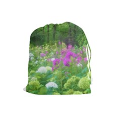 Annabella Hydrangeas And Purple Garden Landscape Drawstring Pouch (large) by myrubiogarden