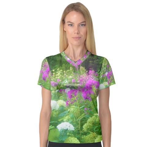 Annabella Hydrangeas And Purple Garden Landscape V-neck Sport Mesh Tee by myrubiogarden