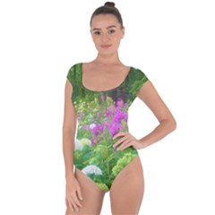 Annabella Hydrangeas And Purple Garden Landscape Short Sleeve Leotard  by myrubiogarden