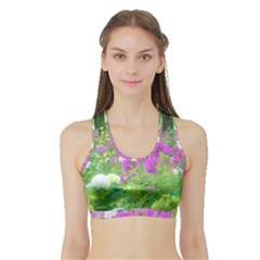 Annabella Hydrangeas And Purple Garden Landscape Sports Bra With Border by myrubiogarden