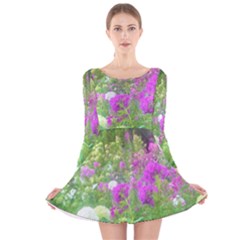 Annabella Hydrangeas And Purple Garden Landscape Long Sleeve Velvet Skater Dress