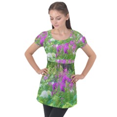 Annabella Hydrangeas And Purple Garden Landscape Puff Sleeve Tunic Top