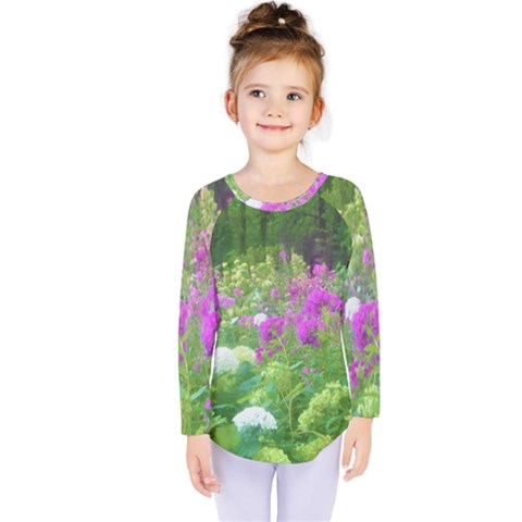 Annabella Hydrangeas And Purple Garden Landscape Kids  Long Sleeve Tee by myrubiogarden