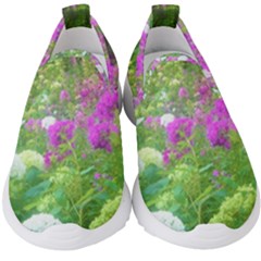 Annabella Hydrangeas And Purple Garden Landscape Kids  Slip On Sneakers by myrubiogarden